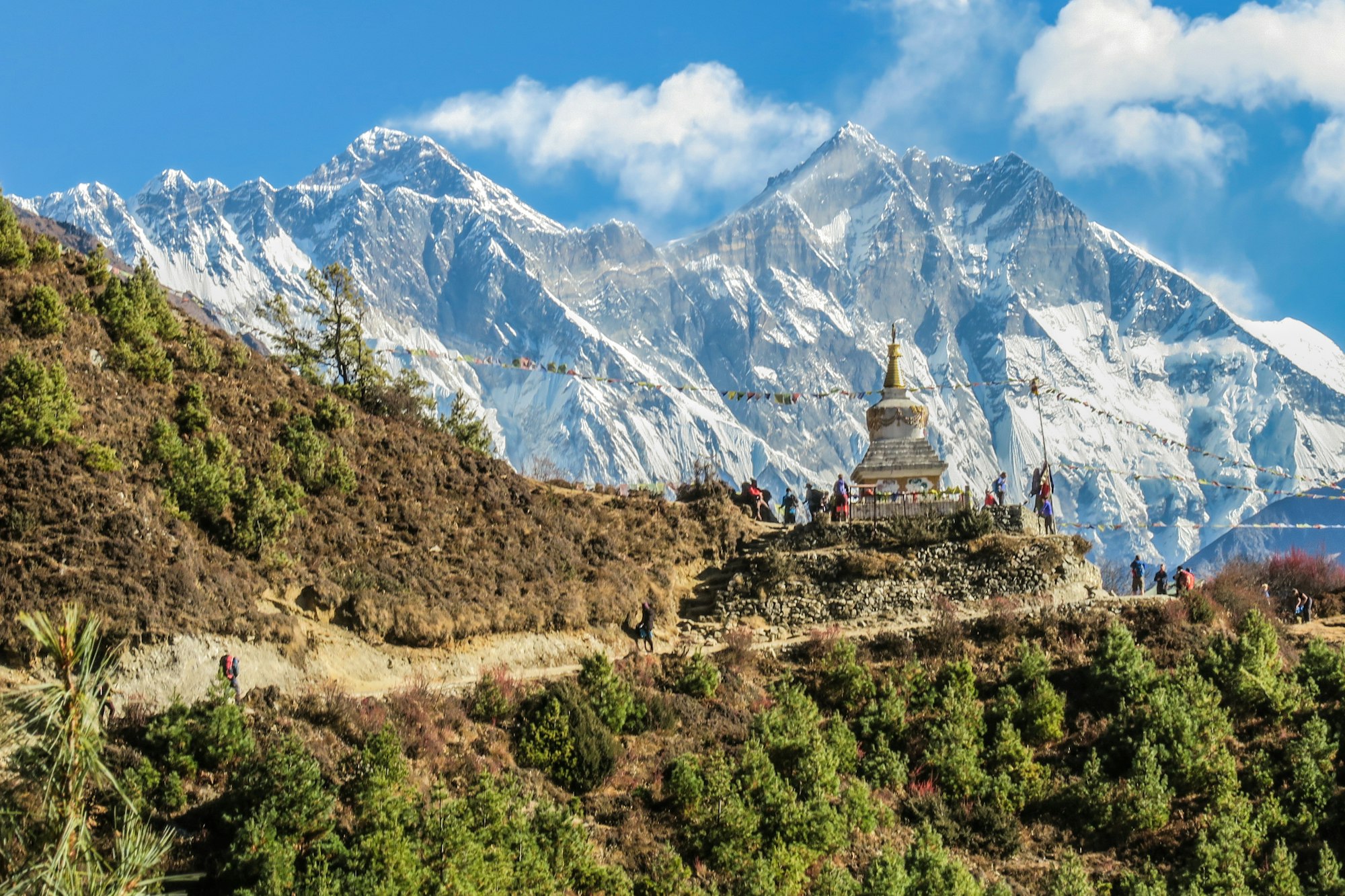 Himalayan landscape with traditional Nepalese architecture